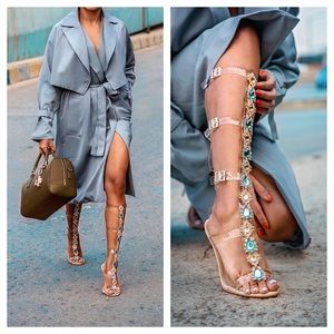 Jewel Embellished Perspex Knee High Sandal Heels